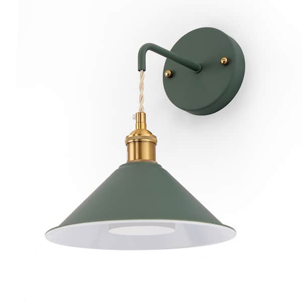 9 in. Cone Shade Green Metal Sconce Lighting with Bulbs (2-Pack), Wall Mounted Lamp for Living Room, Bedroom, or Hallway