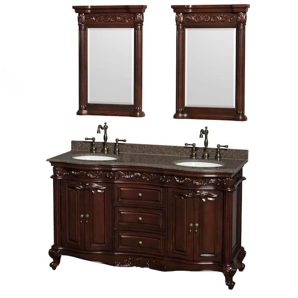 Wyndham Collection Edinburgh 60 in. Double Vanity in Cherry with Granite Vanity Top in Imperial Brown, Oval Sinks and 24 in. Mirrors