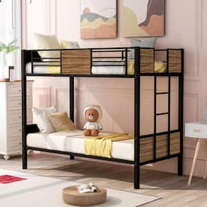 Twin-Over-Twin Black Bunk Bed Modern Style Steel Frame Bunk Bed with Safety Rail Built-in Ladder