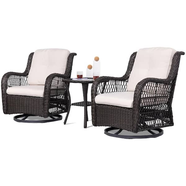 3-Piece Brown Swivel Wicker Outdoor Rocking Chair with Beige Cushions and Glide Function
