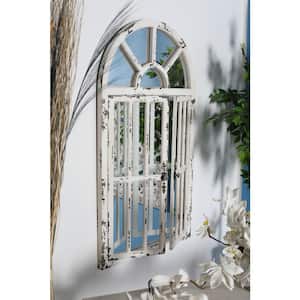 46 in. x 26 in. Window Pane Inspired 2 Door Arched Framed White Wall Mirror with Arched Top and Distressing