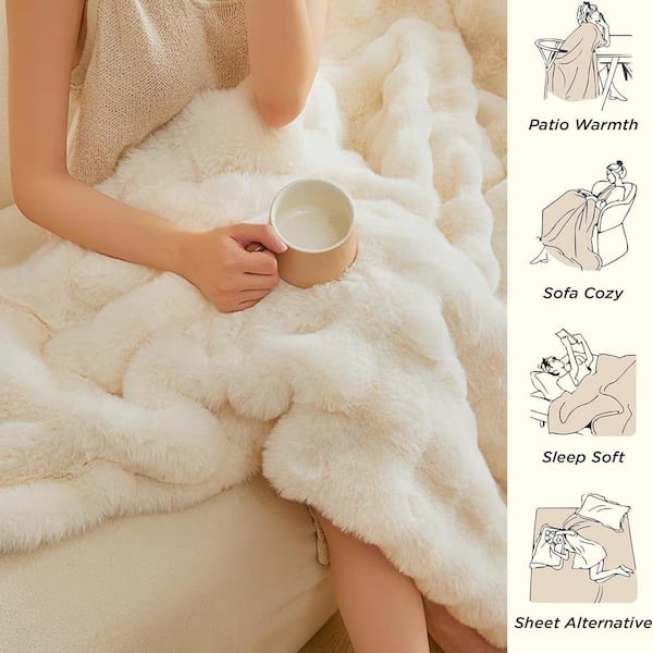 GHOUSE ILTB Beige Faux Rabbit Fur 60 in. x 80 in. Furry Soft Throw