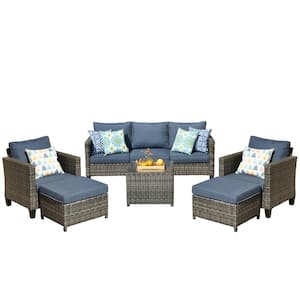 Megon Holly Gray 6-Piece Wicker Outdoor Patio Conversation Seating Set with Denim Blue Cushions