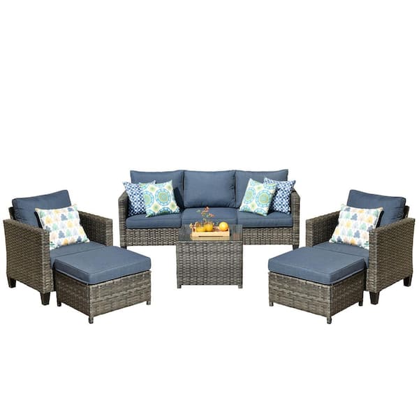 Mars Gray 6-Piece Wicker Outdoor Patio Conversation Seating Set with Denim Blue Cushions
