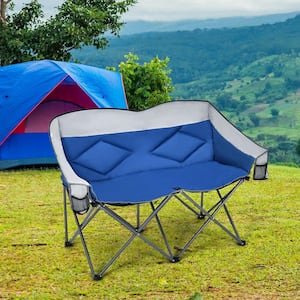 Blue Farbic Folding Camping Loveseat Chair with Bags and Padded Backrest