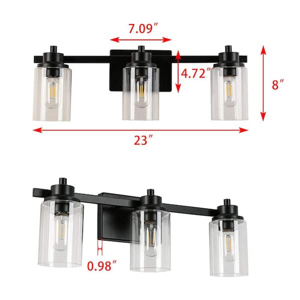 3 Lights black Clear glassDressing Table Wall Lights，Bulb Not Included