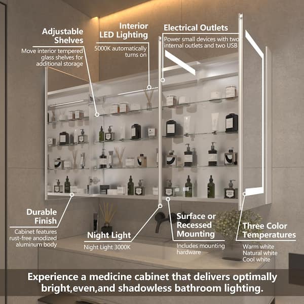 WELLFOR W12 32-in x 30-in Lighted LED Fog Free Surface/Recessed Mount Anodized Black Aluminum Mirrored Soft Close Medicine Cabinet with Outlet