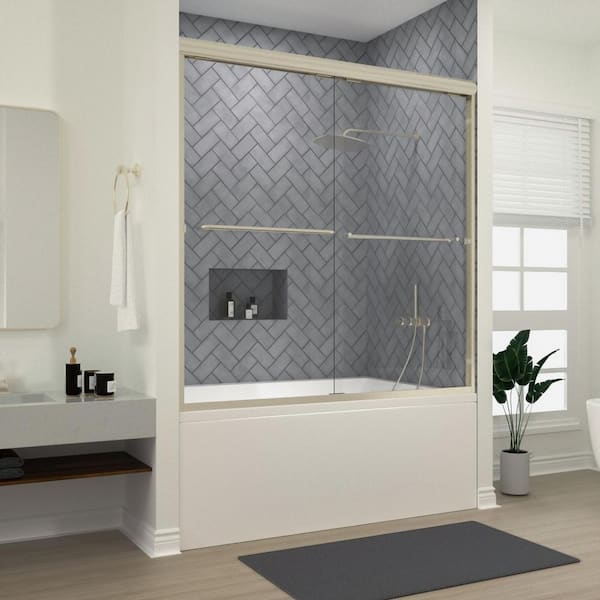niveal Ruhr 60 in. W x 56 in. H Sliding Semi Frameless Tub Door in Brushed Nickel Finish with Clear Glass