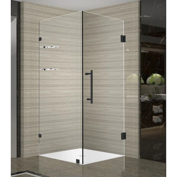 Aston Aquadica GS 30 in. x 72 in. Frameless Corner Hinged Shower Enclosure with Glass Shelves in Matte Black