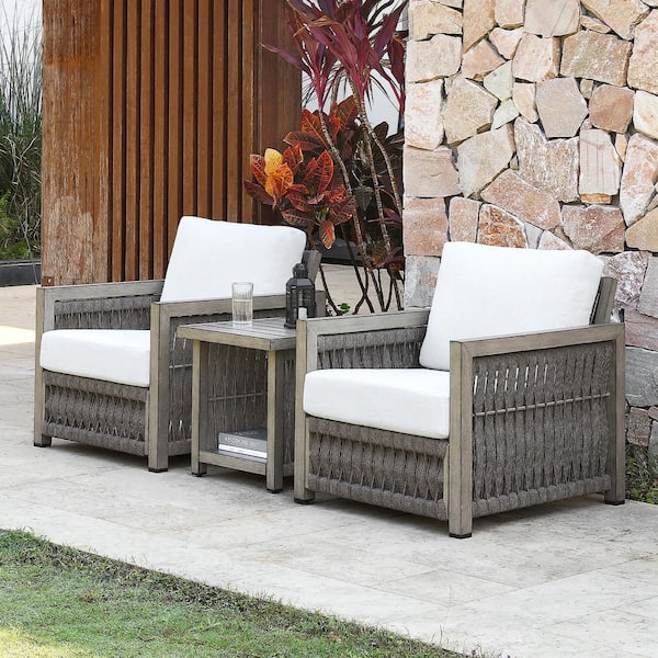 Brown 3-Piece Woven Rope Aluminum Outdoor Patio Conversation Set with Sidetable and Cream Cushions