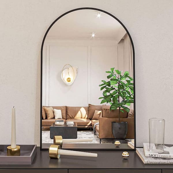 24 in. W x 36 in. H Arched Aluminum Alloy Framed Wall-Mounted Bathroom Vanity Mirror in Black