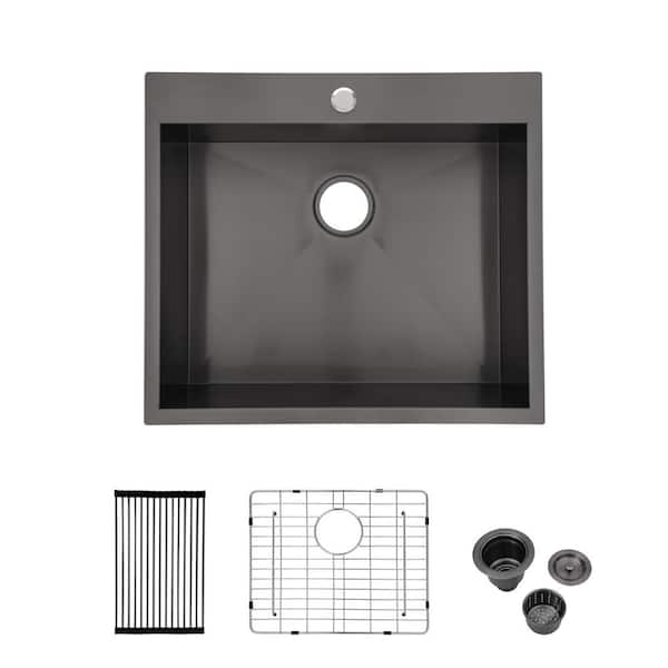 HBEZON Black 18-Gauge Stainless Steel 25 in. Single Bowl Drop-in Workstation Kitchen Sink with Drainboard and Bottom Grid