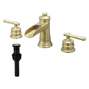 8 in. Widespread Double Handle Bathroom Faucet with Drain Kit 3 Holes Brass Waterfall Bathroom Sink Taps in Brushed Gold
