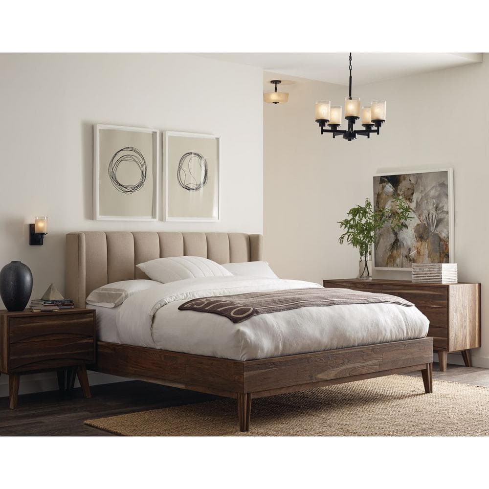 Alexa Antique Bronze 5-Light Linear Chandelier with Linen Glass Shades