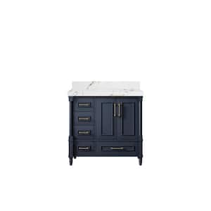 Hudson 36 in. W x 22 in. D x 36 in. H Right Offset Sink Bath Vanity in Navy Blue with 2 in. Viola Brown qt. Top