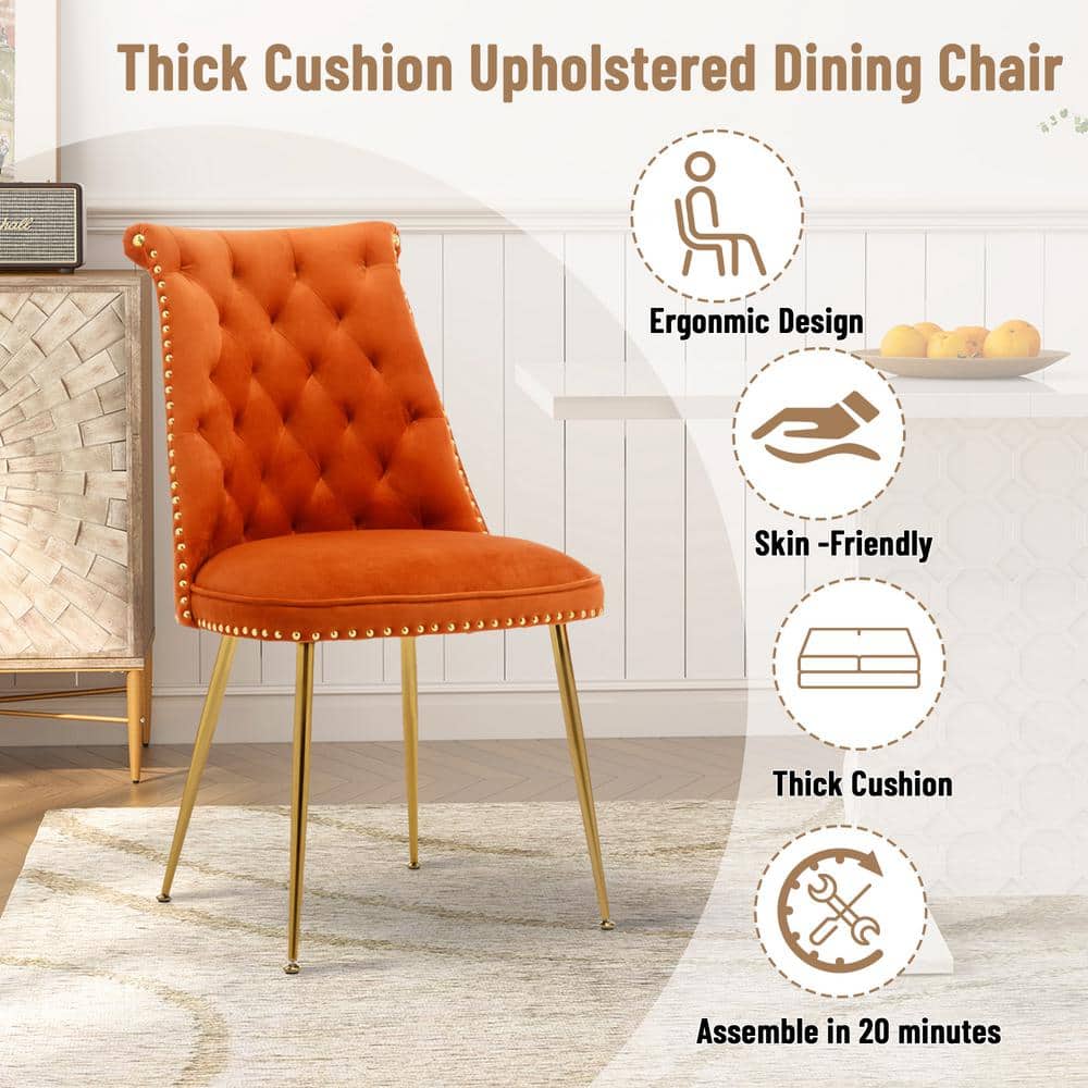 Orange Velvet Upholstered Side Chair with Gold Metal Legs