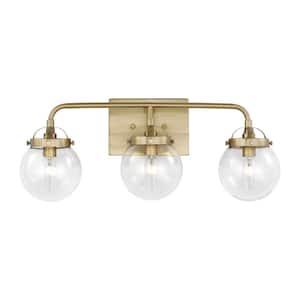 Bryce 21.75 in. 3-Light Satin Brass Modern Industrial Bathroom Vanity Light with Clear Round Globe Glass Shades