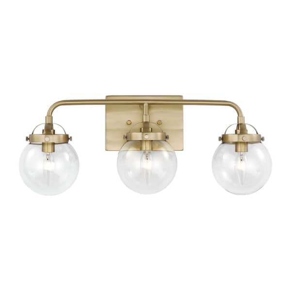 Generation Lighting Bryce 21.75 in. 3-Light Satin Brass Modern Industrial Bathroom Vanity Light with Clear Round Globe Glass Shades