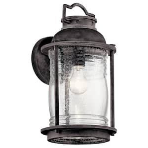 Ashland Bay 16 in. 1-Light Weathered Zinc Outdoor Hardwired Wall Lantern Sconce with No Bulbs Included (1-Pack)
