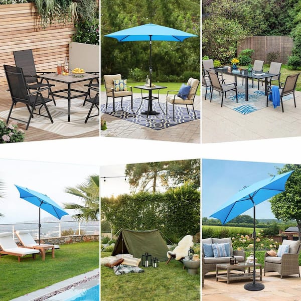 discount sunbrella patio umbrellas Round Outdoor Patio Umbrella, Wood Finished Fiberglass with Pulley Lift - Spectrum Mist, 9' - Teal/Turquoise Blue, Sunbrella