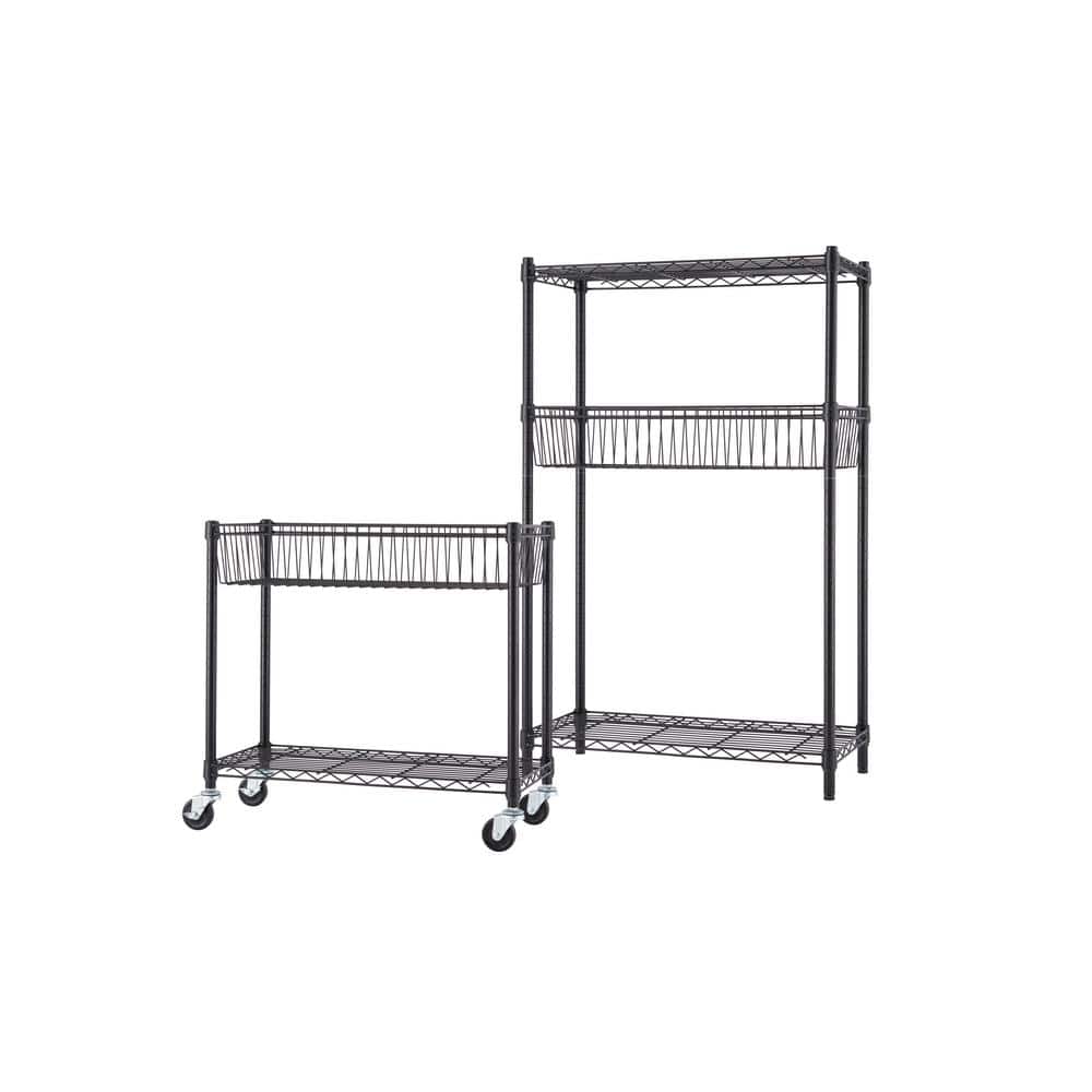 Black Powder-Coated Steel 5-Tier Wire Shelving Unit with Wheels