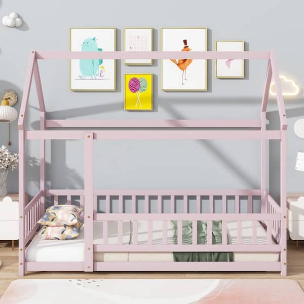 Gaiety Pink Twin Size House Floor Platform Bed, Kids Bed with Roof Frame, Safety Guardrails