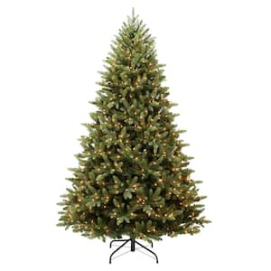 7.5 ft Pre-Lit Frosted Berry Spruce PE/PVC Tree Sure-Lit Pole 500 Warm White LED Lights, Green