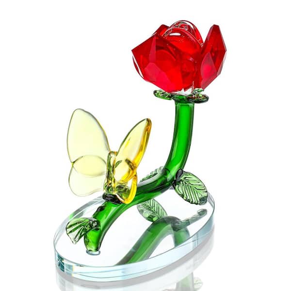 Unbranded 3.3 in. Handmade Red Crystal Rose with Yellow Butterfly Figurine Personalized Glass Flower Gift