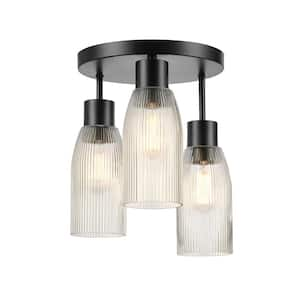 12.25 in. 3-Light Matte Black Flush Mount Ceiling Light with Clear Ribbed Glass Shades