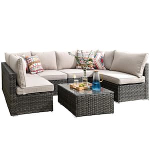 Messi Gray 7-Piece Wicker Outdoor Patio Conversation Sectional Sofa Set with Beige Cushions