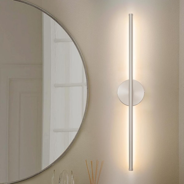 RRTYO Byers 23.6 in. 1-Light Nickel Linear Dimmable LED 3000K Bathroom Vanity Light Wall Sconce with Round Backplate
