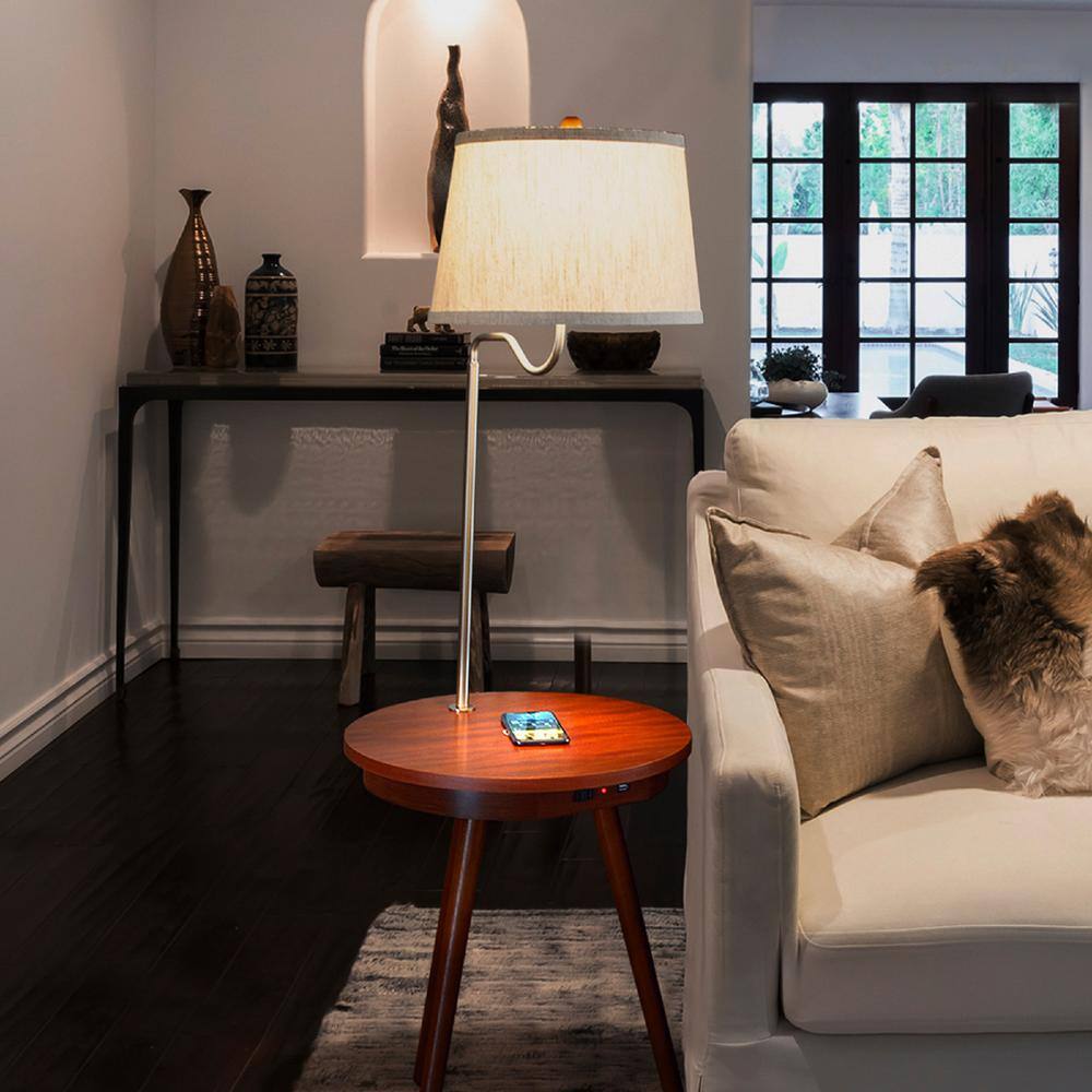 Owen Adjustable Tripod Floor Lamp with Built-In Table and USB Ports, Natural Wood & White