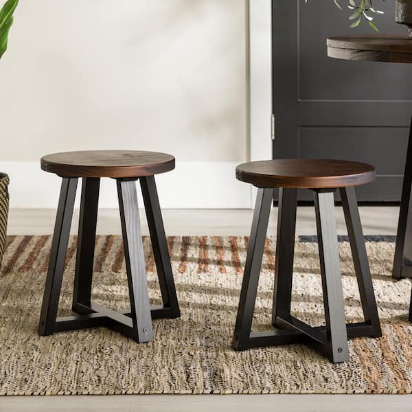 Welwick Designs 18in. Mahogany/Black Backless Solid Wood Frame Rustic Dining Stool, Set of 2