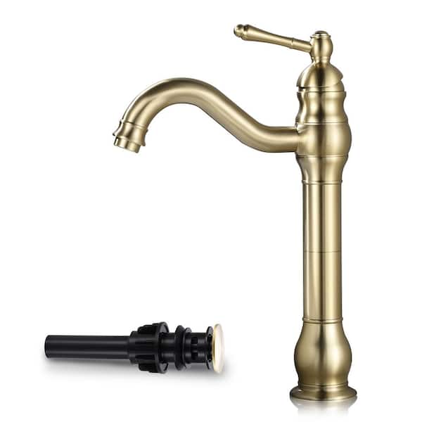 AKLFGN Single Hole Single Handle Waterfall Vessel Sink Faucet with Pop-Up Drain in Brushed Gold