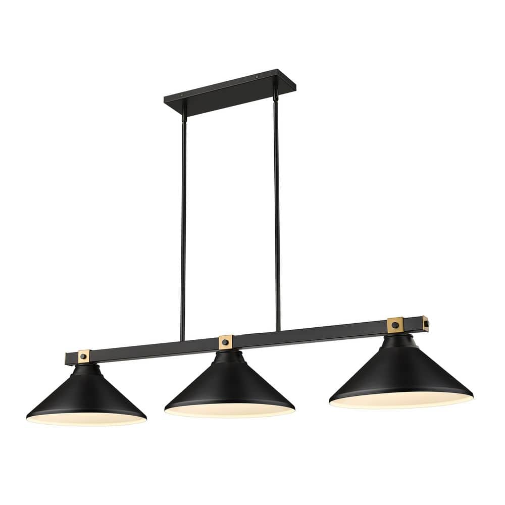 Bronte 52.75 in. Matte Black + Rubbed Brass 3 Light Billiard Light with Bla