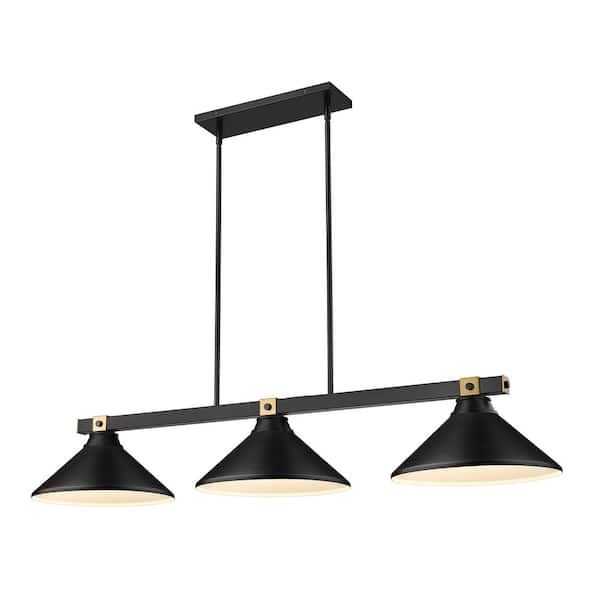 Bronte 52.75 in. Matte Black + Rubbed Brass 3 Light Billiard Light with Black Metal Shades