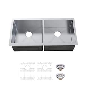 Serene Valley UDG3622R 36 in. Double Bowl Undermount Kitchen Sink, Thin Divider and Heavy-Duty Grids