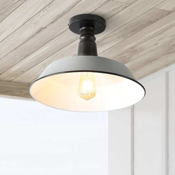 JONATHAN Y Camila 14 in. 1-Light Gray/White Classic Industrial Indoor/Outdoor Iron LED Semi Flush Mount