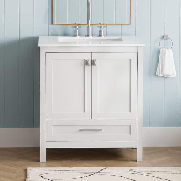 30 in. Single Sink Freestanding White Bath Vanity with White Marble Top, Soft Closing Doors & Drawers, Fully Assembled