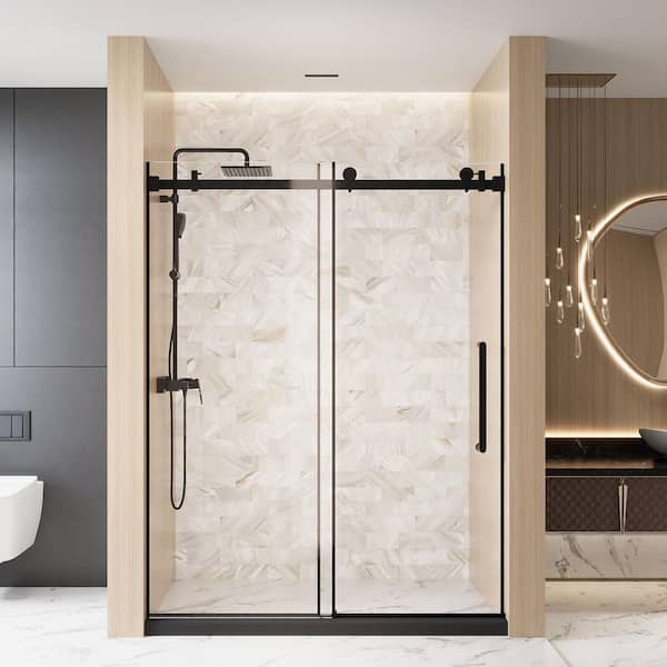 56 in.-60 in. W x 76 in. H Single Sliding Frameless Shower Door in Matte Black with 1/4 in. (6 mm) Clear Tempered Glass