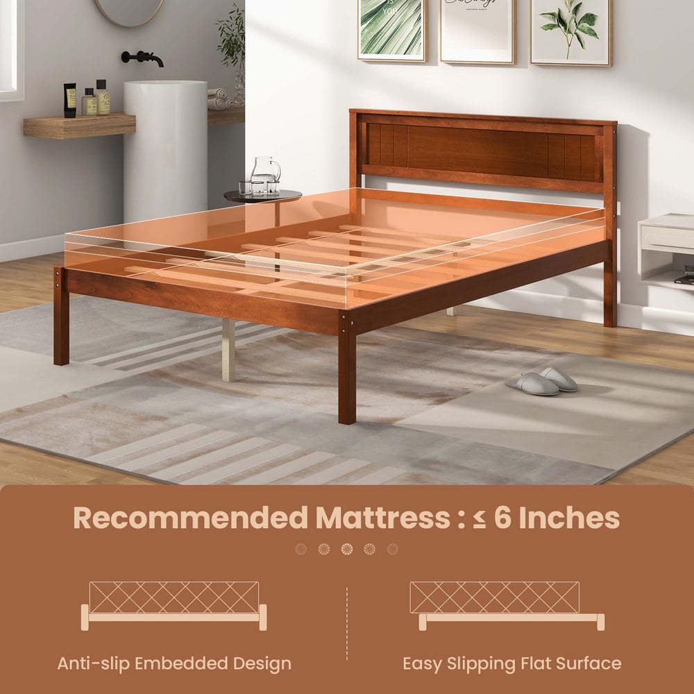 Brown Walnut Wood Frame Queen Size Platform Bed Frame with Headboard Mattress Foundation - thumbnail 8