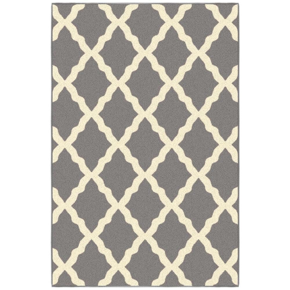 Gray and White Washable Non-Slip Trellis Area Rug