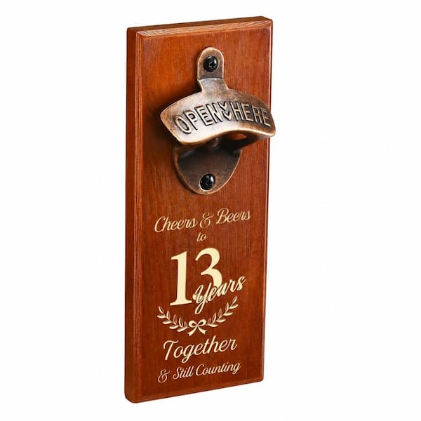 13th Wedding Anniversary Solid Wood Wall-Mounted Bottle Opener with Magnetic Cap Catcher and Engraving