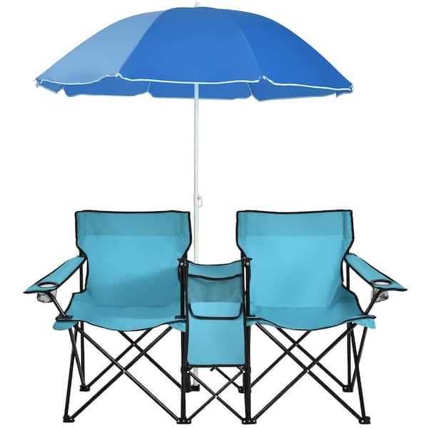 Costway Portable Folding Blue Farbic Picnic Double Chair with Umbrella Table Cooler Beach Camping