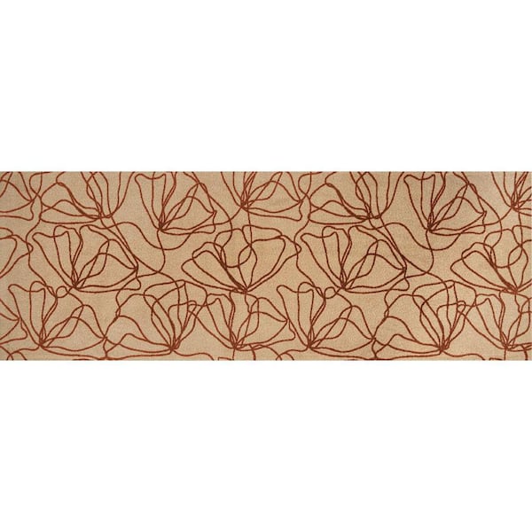 6' Beige And Bronze Floral Washable Runner Rug With UV Protection