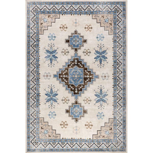 Clovebud Geometric Machine Washable Blue 8 ft. x 10 ft. Patio Rug