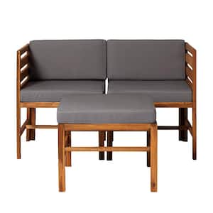 Brown Acacia Wood Modular Left and Right Arm Outdoor Sectional Chairs and Ottoman with Gray Cushions