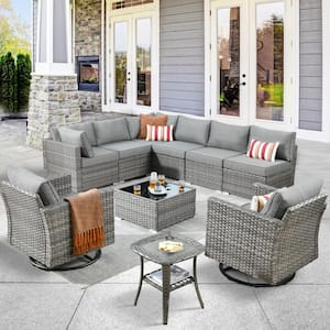 Daffodil G Gray 10-Piece Wicker Outdoor Patio Conversation Sofa Set with Swivel Rocking Chairs and Dark Gray Cushions