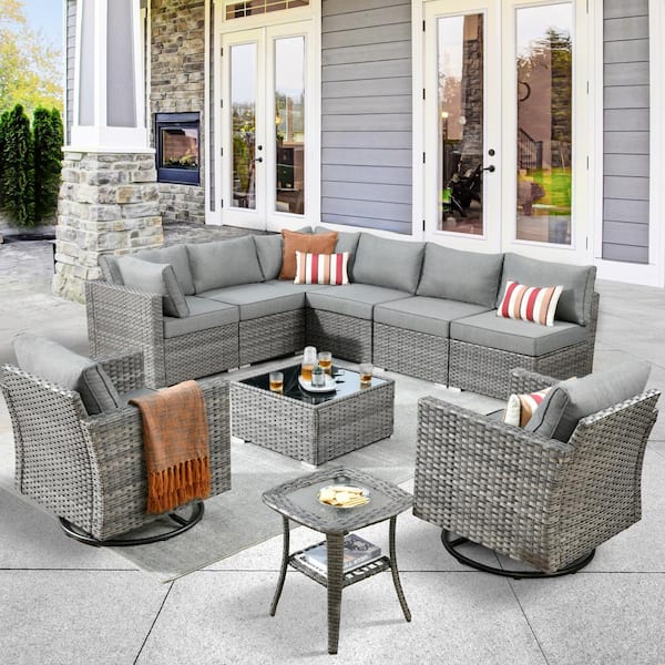 weaxty W Daffodil G Gray 10-Piece Wicker Outdoor Patio Conversation Sofa Set with Swivel Rocking Chairs and Dark Gray Cushions