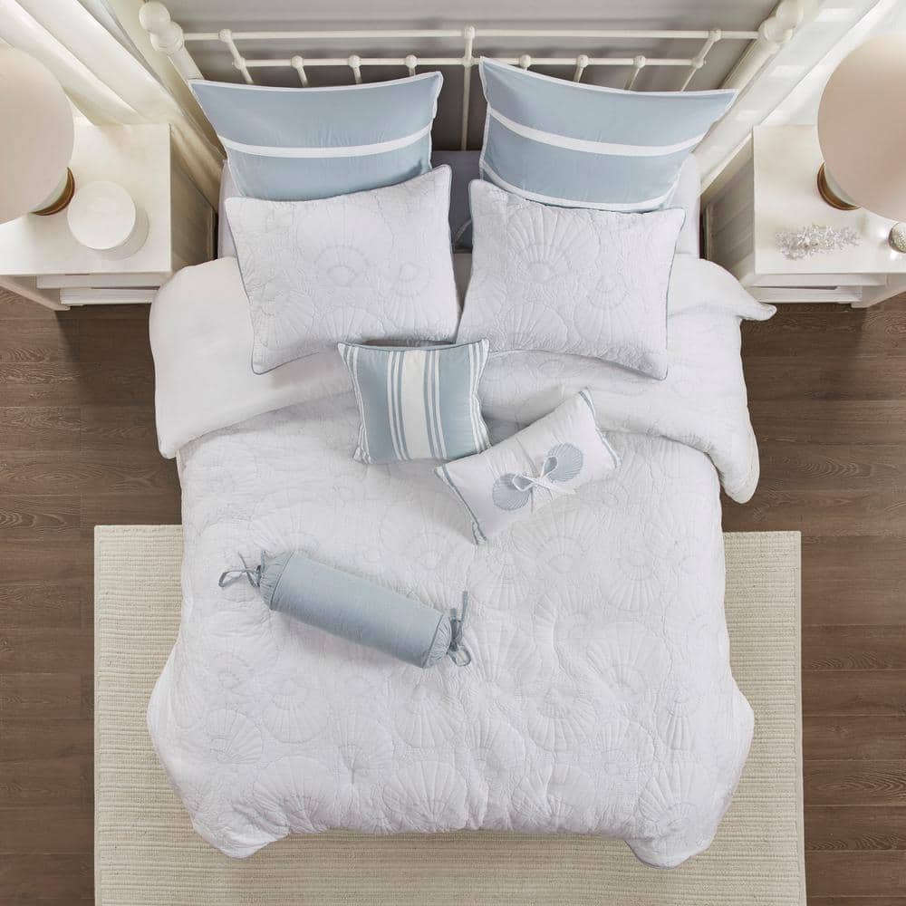 Queen Blue and White Cotton Coastal Comforter Set